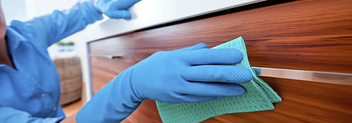 Cleaner wearing blue gloves wiping a wooden cabinet drawer with a microfiber cloth for dust and grime removal, Allentown, PA.