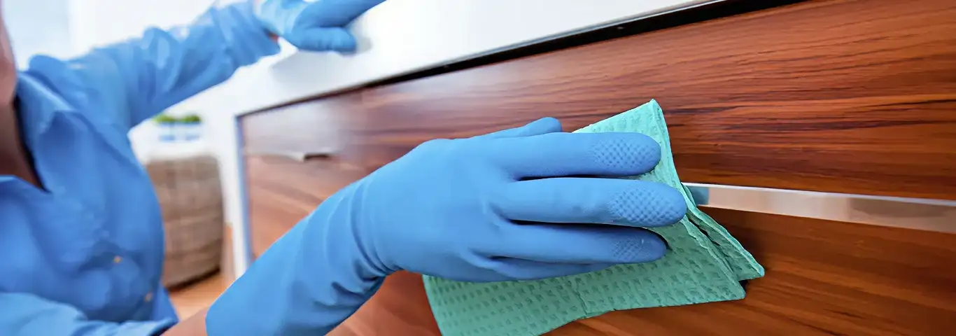 Cleaner wearing blue gloves wiping a wooden cabinet drawer with a microfiber cloth for dust and grime removal, Allentown, PA.