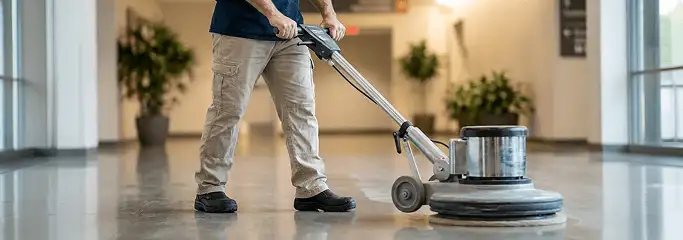 Professional technician using an industrial floor buffer to polish and maintain shiny commercial flooring in a corporate hallway in Allentown, PA.