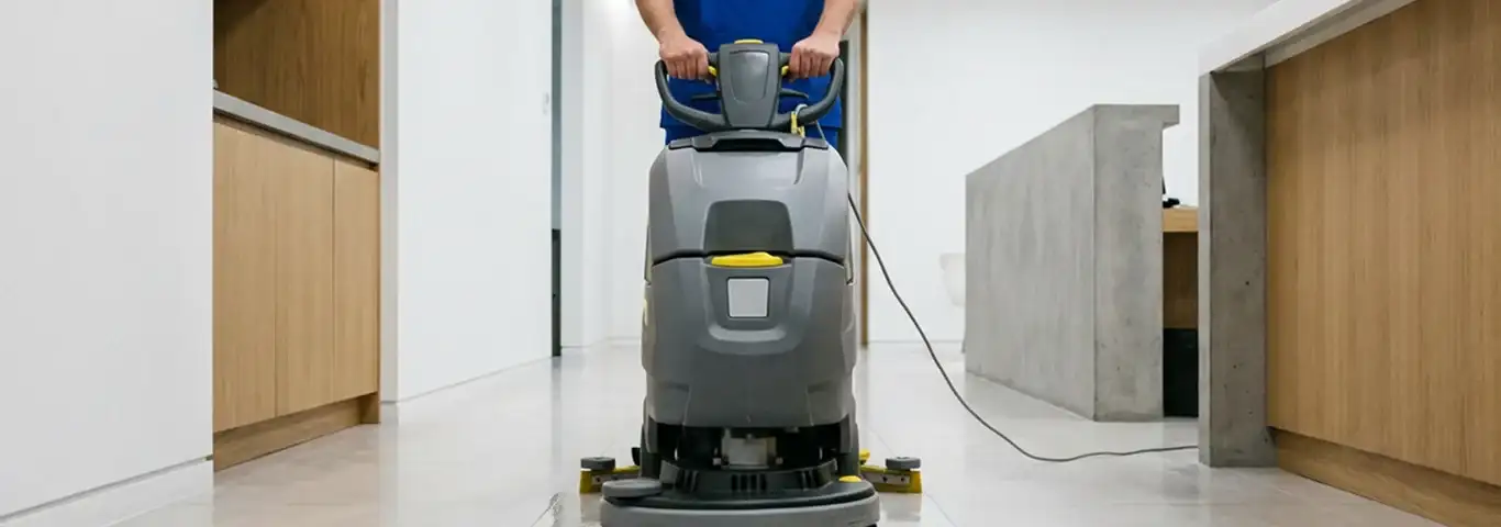 Janitorial staff using a floor scrubber machine to clean a commercial hallway, Allentown, PA.
