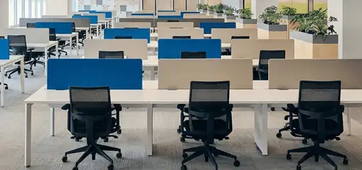 Modern open-plan office space featuring clean workstations, ergonomic chairs, and sanitized carpets provided by professional office cleaning services in Allentown, PA.
