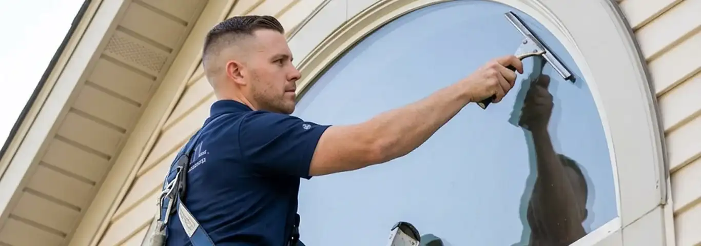 Professional window cleaner using a squeegee to clean an exterior arched window on a home, Allentown, PA.