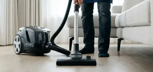 Professional house cleaner vacuuming a living room floor with a canister vacuum cleaner, Allentown, PA.