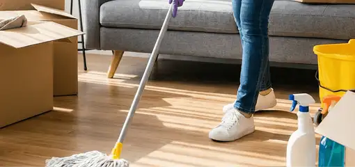 Move-out cleaning setup with a cleaner mopping hardwood floors near moving boxes and cleaning supplies, Allentown, PA.