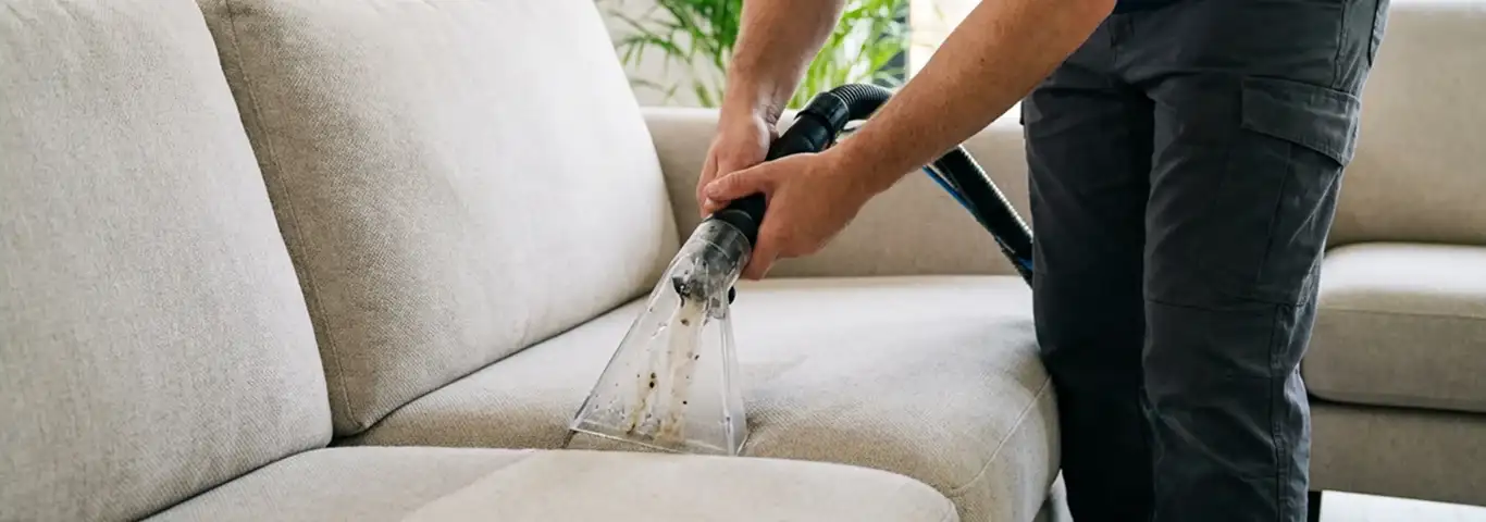 Technician extracting dirt and moisture from a fabric sofa with an upholstery cleaning wand, Allentown, PA.