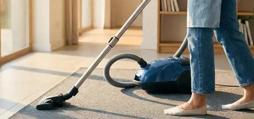 Person vacuuming a living room rug with a canister vacuum cleaner near large windows, Allentown, PA.